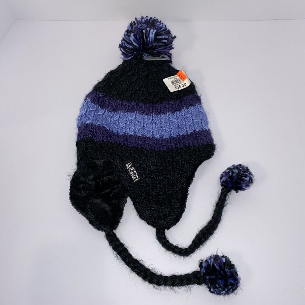 Burton Snowboards Women's Listen Up Hat NWT Ear Flap Pom Pom Purple Black